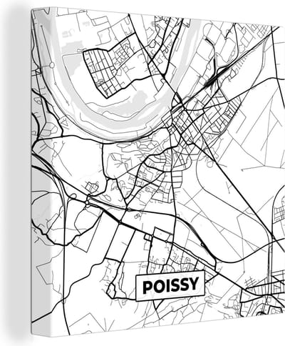 Canvas Schilderij Kaart - Stadskaart - Frankrijk - Poissy - Plattegrond - Zwart wit - 20x20 cm - Wanddecoratie