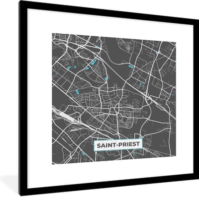 Fotolijst incl. Poster - Saint-Priest - Frankrijk - Plattegrond - Kaart - Stadskaart - 40x40 cm - Posterlijst