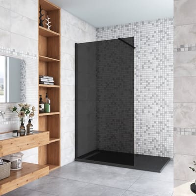 Inloopdouche met zwarte beschermfolie,120x200cm hoog,8mm EasyClean veiligheidsglas,Stabilisatiestang N-Form:140cm,mat zwart aluminium profiel.