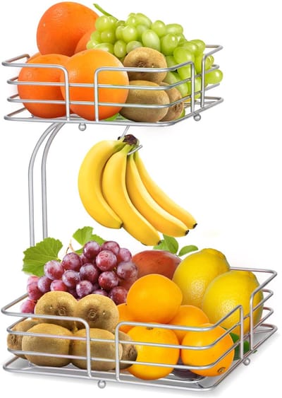 Unyqoos ® Fraaie Metalen Tweelaagse Fruit- en Groentemand met Bananenhouder voor Keuken en Eetkamer