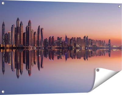 Gards Tuinposter Skyline Dubai Stad bij Zonsondergang - 90x60 cm - Tuindoek - Tuindecoratie - Wanddecoratie buiten - Tuinschilderij