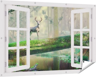 Gards Tuinposter Doorkijk Hert in het Bos op een Boom - 150x100 cm - Tuindoek - Tuindecoratie - Wanddecoratie buiten - Tuinschilderij