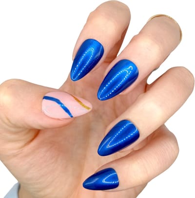 SD Press on Nails - B-126 - Plaknagels - Nagelset 20 Nagels - B126 - Blauw Nude Swirl - Gellak - Nagellak - Kort Stiletto - Nepnagels met Lijm - Kunstnagels - Nail Art - Handmade - Valse nagels - Nagelvijl - Accessoires - Stiletto