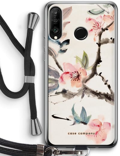 Case Company® - Hoesje met koord geschikt voor Huawei P30 Lite hoesje met Koord - Japanse bloemen - Telefoonhoesje met Zwart Koord - Bescherming aan alle Kanten en Over de Schermrand