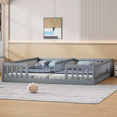 DESMIU Kinderbed 90 x 200 cm Zonder Matras Tweepersoons Bed Met Veiligheidshekje En Lattenbodem Voor Twee Kinderen Grenenhout En MDF Grijs