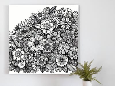 Doodle bloemen schilderij | Een bloeiende symfonie van levendige lijnen en sprankelende kleuren | Kunst - 60x60 centimeter op Dibond | Foto op Dibond