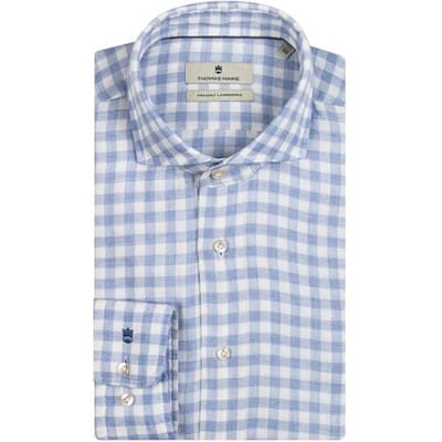 Thomas Maine Overhemd Roma Modern Kent Modal Wool Blend Check Licht Blauw / male