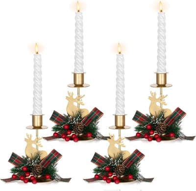 Set van 4 Kandelaren met Kerstboog Decor Gouden Kaarsenhouders met Herten Sfeervolle Tafeldecoratie voor Kerstmis & Haard