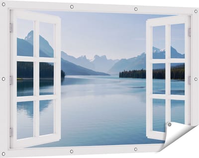 Gards Tuinposter Doorkijk Meer bij de Bergen in Alberta, Canada - 120x80 cm - Tuindoek - Tuindecoratie - Wanddecoratie buiten - Tuinschilderij