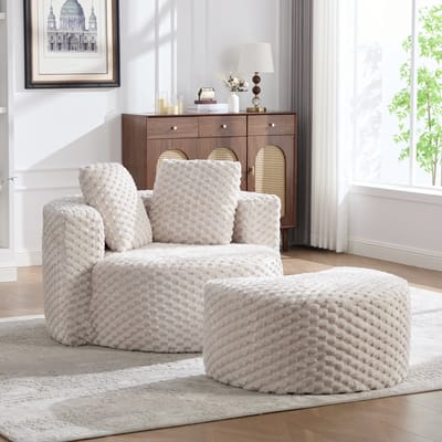 REDOM - Schuimfauteuil Met Hocker - 360° Tonvormig - Modern - Voor Woonkamer - Imitatiebont - Beige - 129 X 116 X 65 Cm