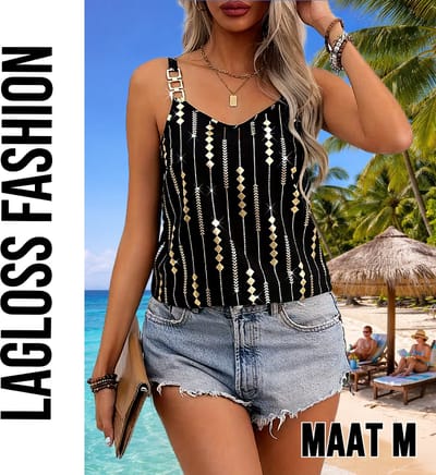 LaGloss® Luxe Zwart Gouden Tanktop Blouse met Geometrische Print en Goud Metalen Kettingbandjes – Lente/Zomer/Herfst – Casual – Maat M
