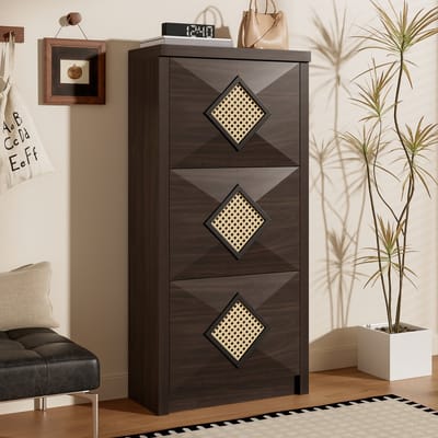 MODENUIT Schoenenkast - 3 Kantelvakken Voor Hal En Slaapkamer - Houtlook Met Rotan Decor - 54x25x115 Cm - Donkerbruin