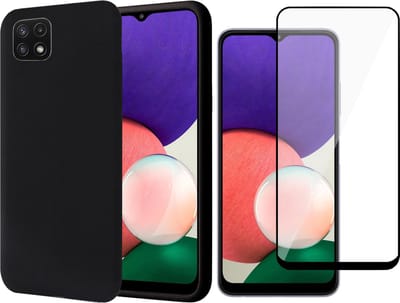 Hoesje geschikt voor Samsung Galaxy A22 5G - Backcover Zwart - Screen Protector - Fluweelzacht Hoesje