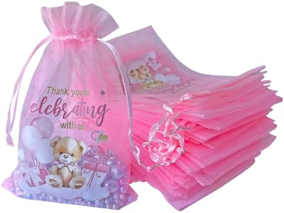 20x Organza Zakjes Met Print - Organza Met Opdruk - 10x15cm - Feestzakjes - Snoepzakjes - Cadeauzakjes - Uitdeelzakjes - Sieradenzakjes - Thank You For Celebrating With Us - 10x15 cm - Baby - Geboorte - Babyshower - Roze - 20 Stuks