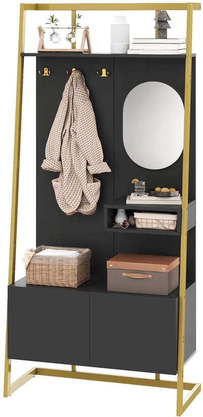 Halkasten - 130x45x50 cm - Moderne Minimalistische Kompaktgarderobe Met Spiegel, Metalen Haken, Schoenbank, Kledingstang - Hout/Metaal - Natuurlijk