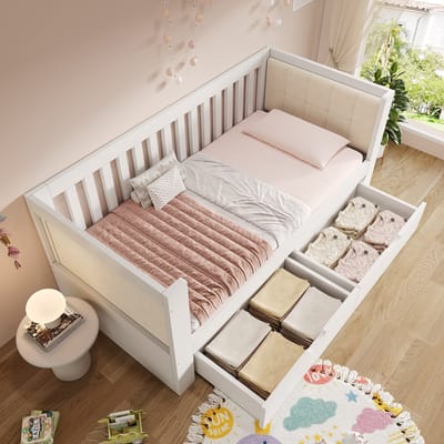 DESMIU Tagesbed 90x190 cm – Dagbed Met Opberglades – Comfortabele Rugleuning En Armleuningen – Voor Kleine Slaapkamers – Massief Hout – Wit – Zonder Matras
