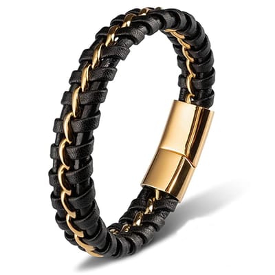 Victorious Leren Armband Heren – RVS Roestvrij Staal – Goud/Zwart – 21cm