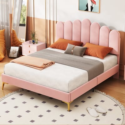 Sweiko Gestoffeerd Tweepersoonsbed 140 x 200 cm, Bedplaats met hoofdeinde en plat noedelsframe, volwassen jeugdbed, gastenbed in Roze fluwelen stof