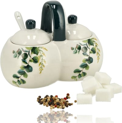 Kruidenpot met 2 Vakken – Dubbele Keramische Suikerpot met Lepels – Met Deksel en Handgreep – Voor Suiker, Kruiden & Specerijen – 16 x 9 x 13 cm