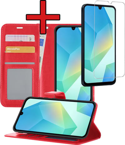 Hoesje - Met Screenprotector - Geschikt voor Samsung Galaxy A16 - Luxe Pasjeshouder - Flipcase - Bookcase Portemonee - Flip Case - Kunstleer Book Case - Book Cover - Walletcase - Portemonneehoes - Telefoonhoes - Rood