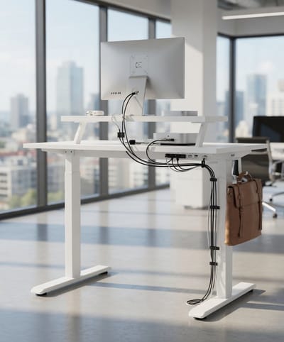 In hoogte verstelbaar bureau met beweegbare monitorstandaard, 100 x 60 cm, in hoogte verstelbaar, elektrisch, led-lichtstrip, USB-stopcontact, staand bureau, computertafel, wit-Mobili Bella