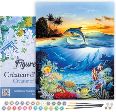 Figured'Art Schilderen op Nummer Volwassenen met lijst - Dolfijnen in de lagune - Handwerk acrylverf Kit DIY Compleet - 40x50cm Canvas al ingelijst