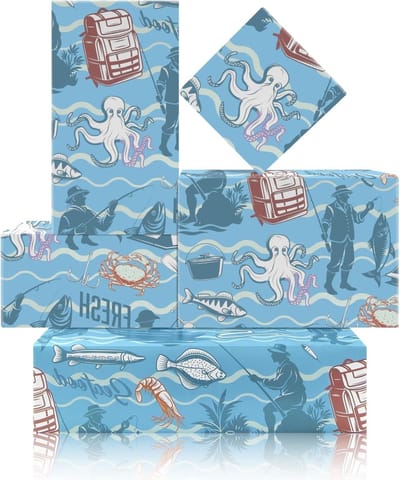 Kleurige Vouwbare Inpakpapier met Zeevis, Octopus en Garnalen voor Vaderdag, Verjaardagen en Feestjes