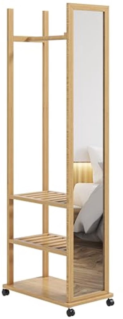 Mobiele Spiegel op Wielen met Opbergruimte voor Kleding en Accessoires – Elegante Houten Standaard Spiegel voor Slaapkamer en Hal