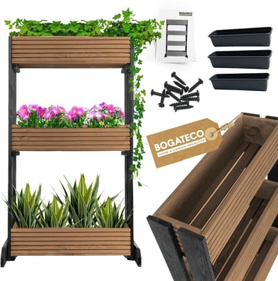 BOGATECO | Set van 3 bloempotten op standaard | Set van 3 bloempot plantenbakken 64x20cm | Houten bloempotten voor tomaten en bloemen, plantenbak voor tuinbalkon | 120cm hoog | Donkerbruin