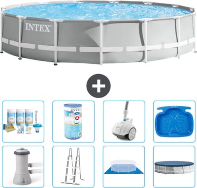 Intex Rond Prism Frame Zwembad - 457 x 107 cm - Grijs - Inclusief Pomp - Ladder - Grondzeil - Afdekzeil Onderhoudspakket - Filter - Stofzuiger - Voetenbad