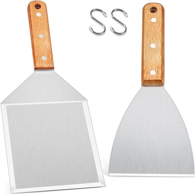 Dailygoods- Grillspatel Set van 2 - Roestvrij Stalen BBQ-Spatels - Houten Handvat - Ideaal voor Grillen - Barbecue-Accessoire - Plancha Spatel - Barbecuespatel