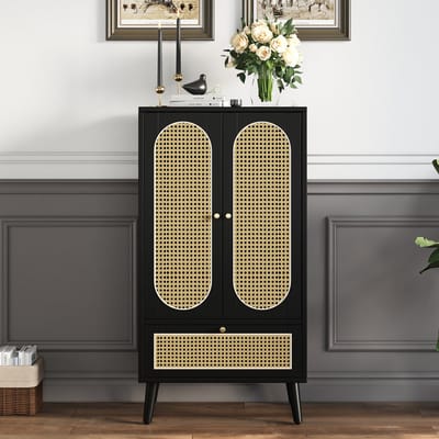 Pugsdrly Compacte dressoir (1,1 m), rotan design, zwart, 2 deuren, 1 lade, highboard, eetkamerkast, boekenrek, - Veelzijdige opbergoplossingen