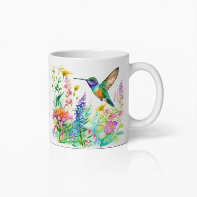 Kleurrijke Kolibrie en Wilde Bloemen Mok – Artistieke Keramische Koffiemok voor Natuurliefhebbers