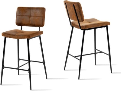 Set van 2 industriële barkrukken met rugleuning en voetensteun, gevoerde zitting, 75 cm hoog, bruin suède