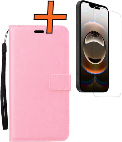 Hoes - Met Screenprotector - Geschikt voor Apple iPhone 16e - Luxe Pasjeshouder - Bookcase Portemonee - Flip Case - Kunstleer Book Case - Flipcase - Book Cover - Walletcase - PortemonneeHoes - Lichtroze