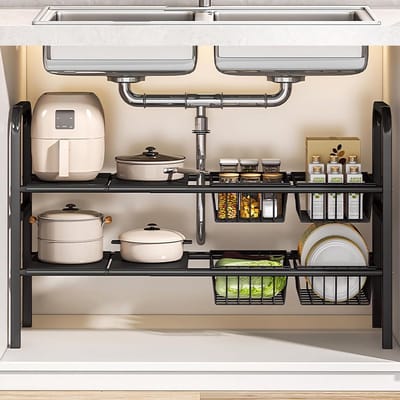Famanu – Spoelkastorganizer 2 etages uitbreidbaar onder gootsteen keukenorganizer met 4 uitneembare manden en verstelbare panelen voor keuken en badkameropslag zwart 53–83 cm