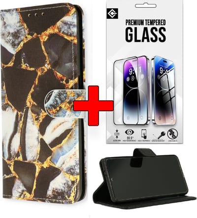 Casemania Hoesje + Glas Geschikt voor Samsung Galaxy S25 - Marmer Zwart - Portemonnee Book Case