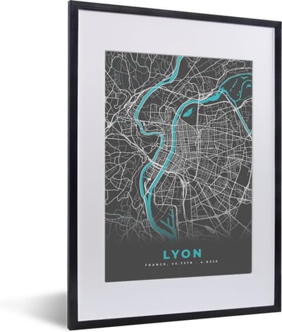 Fotolijst incl. Poster - Lyon - Plattegrond - Kaart - Stadskaart - Frankrijk - 30x40 cm - Posterlijst