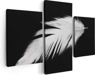 Artaza Canvas Schilderij Drieluik Witte Veer op een Zwarte Achtergrond - 90x60 - Foto Op Canvas - Canvas Print