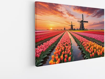 Saammp Canvas Schilderij - Landschap - bloemenveld met molens en een zonsondergang - Natuur - 45x30 - Foto op canvas - Wanddecoratie - Muurdecoratie Woonkamer - Slaapkamer decoratie - Canvas Print
