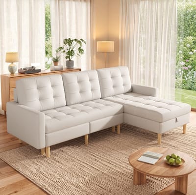 MIVRAY Hoekbank 212 x 130 x 86 cm - Omkeerbare Chaise Longue Met Opbergruimte - 3-Zits Voor Kleine Woonkamer - Stof Beige