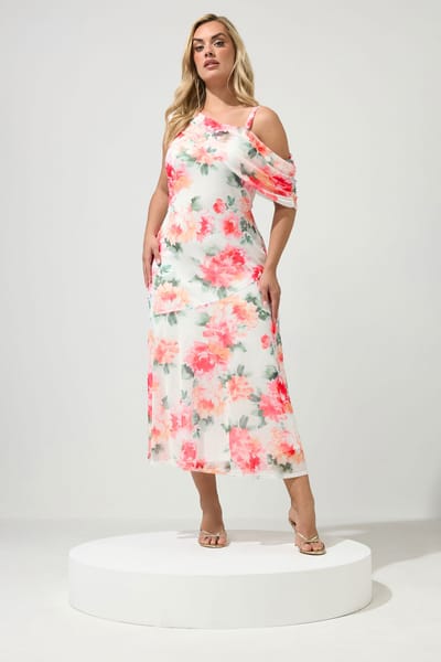 Yours London Witte Jurk Met Bloemenprint En Gedrapeerde Schouders Size 42