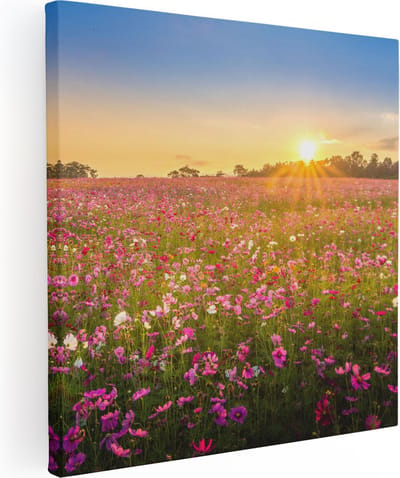 Artaza Canvas Schilderij Bloemenveld - 80x80 cm - Wanddecoratie Bloemen - Muurdecoratie Zonsondergang - Schilderijen Op Canvas