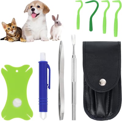 Famanu - Tekentang voor honden en katten, 8-in-1 set met etui, professionele tekenhaak en automatische tekenpincet, tekentang voor mens en huisdier