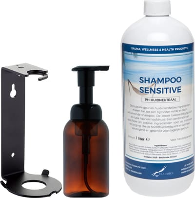 Zeepdispenser 300 ml amber bruin hervulbaar + 1 liter Shampoo Sensitive Care navulling (inclusief beugel)