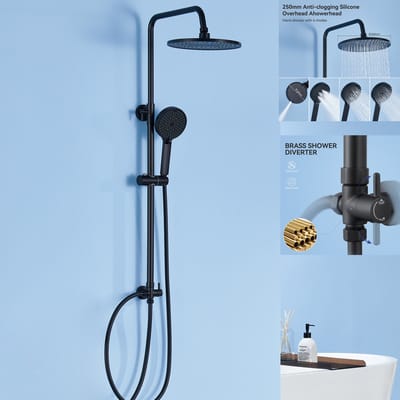 DERW MAX Douche Set - Regendouche en Handdouche - Ø 25 cm - Verstelbare Hoogte 74-112 cm - Zwart - Waterbesparend - Duurzame Messing Omsteller voor Badkamer