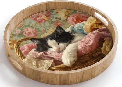 Dienblad rond 40x40 cm - Schootdienblad hout - Kat - Bloemenprint - Rieten mand - Borrelplank rechthoek - Plateau houten dienbladen