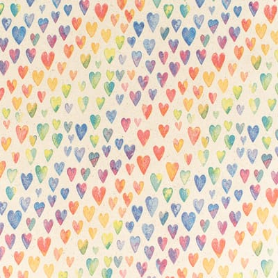 Inpakpapier graspapier - Bruin cadeaupapier hartjes - Gekleurde hartjes - Regenboog - Rol 50 cm breed en 100 meter lang - Duurzaam inpakpapier 25% grasvezels en 75% gerecycled papier