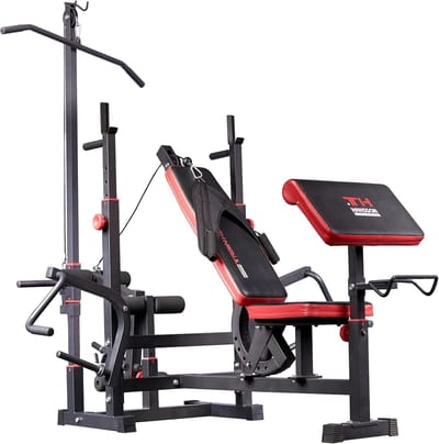 Universele Trainingsbank - Krachtstation Halterbank - Thuis Krachttraining - Geïntegreerde Functionaliteit - 120x120x205 cm - Zwart Rood