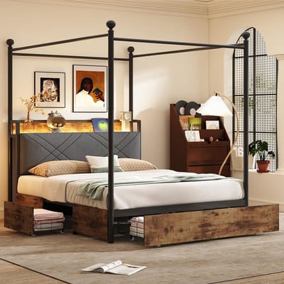 Pugsdrly Multifunctioneel tweepersoonsbed 140 x 190, met opbergruimte en ijzeren hemelbed, met verwijderbare stijlen met ledverlichting en USB/Type-C-oplaadpoorten, en drie lades, zwart